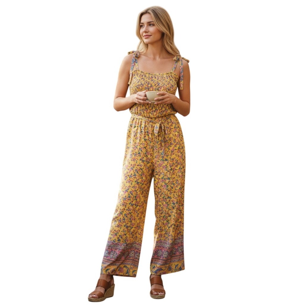 Umgee USA Womens Yellow Floral Smocked Wide Leg Jumpsuit Tie Strap M6075 L NEW